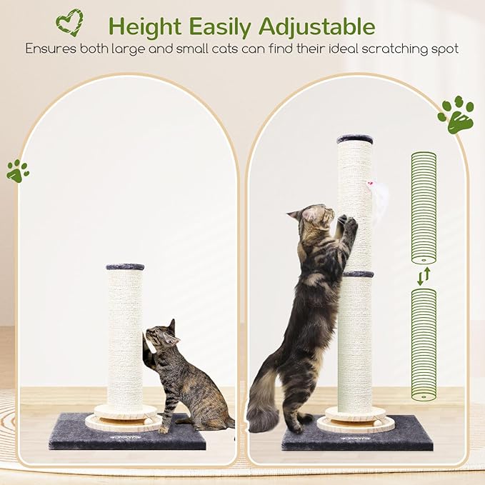 Globlazer Extra Thick Large Scratching Post for Indoor Cats Adults and Kittens, 35in Tall Natural Sisal Rope Scratcher Post, Large Cat Scratcher with Ball Interactive Toy, SC35, Dark Grey