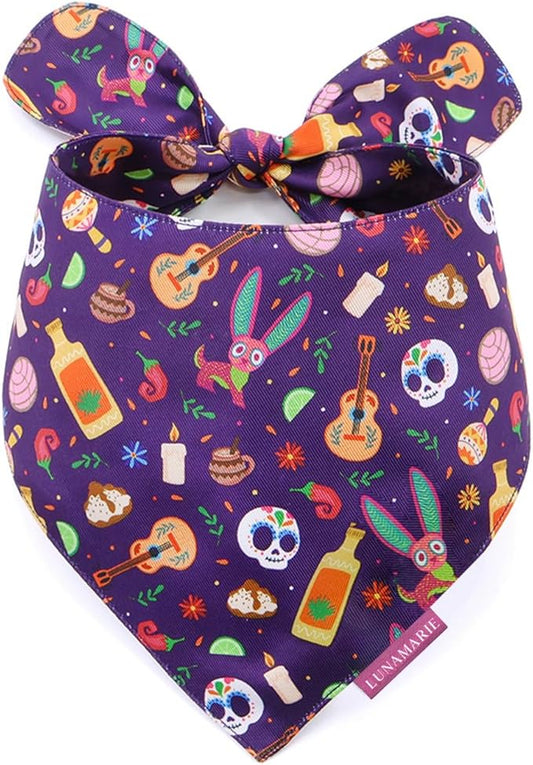 LunaMarie - Luxury Pet Birthday Bandanas -Premium & Silky Poly Fabric | 100% Handmade | Custom Shape Dual Layered (Day of The Dead, Large)