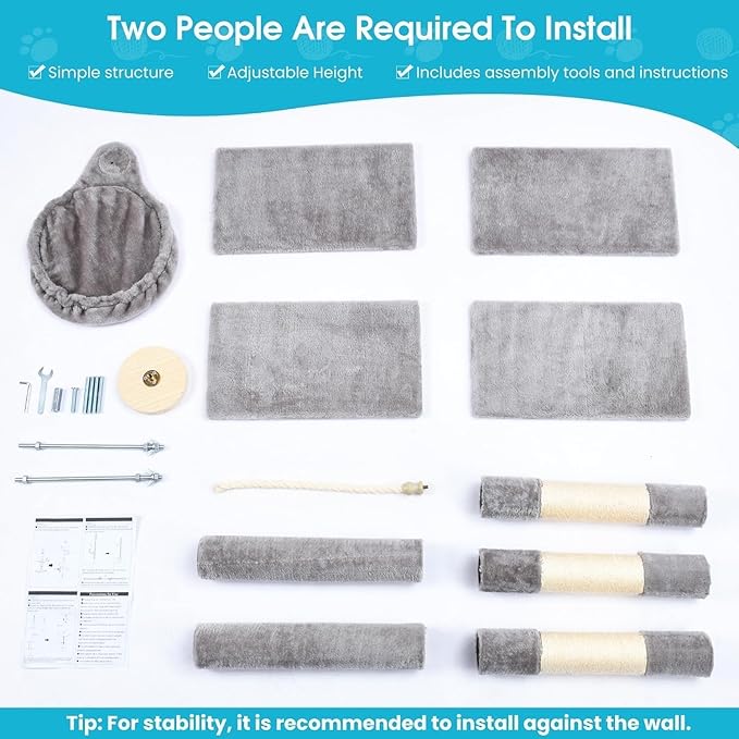 Cat Tree 5-Tier Floor to Ceiling, Cat Climbing Tree for Indoor Cats, 89-109 Inch Adjustable Height Cat Tower with Cozy Hammock, Grey