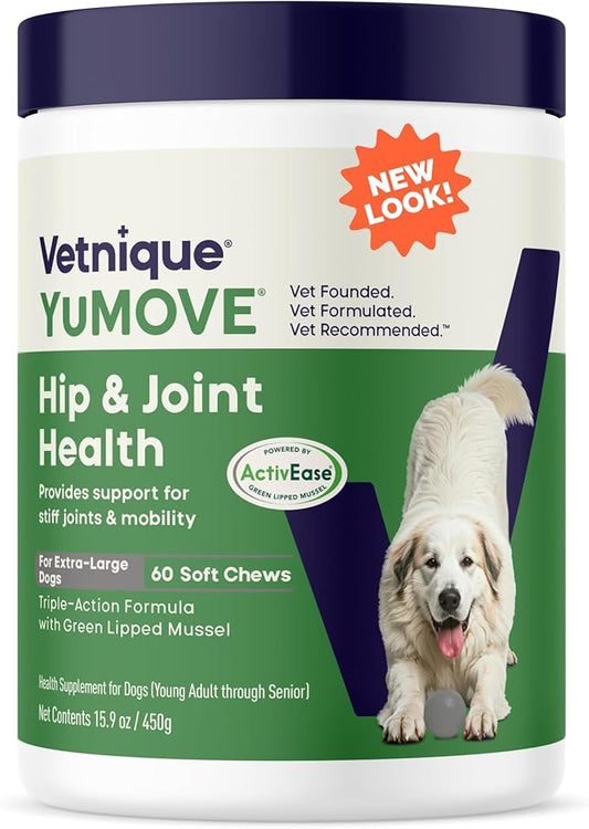 Yumove Hip & Joint Supplement for Dogs - with Glucosamine Chondroiton, Green Lipped Mussel, Hyaluronic Acid, and Omega 3 Joint Supplement for Stiffness and Mobility - 60 Chews (Large/XL Dogs)