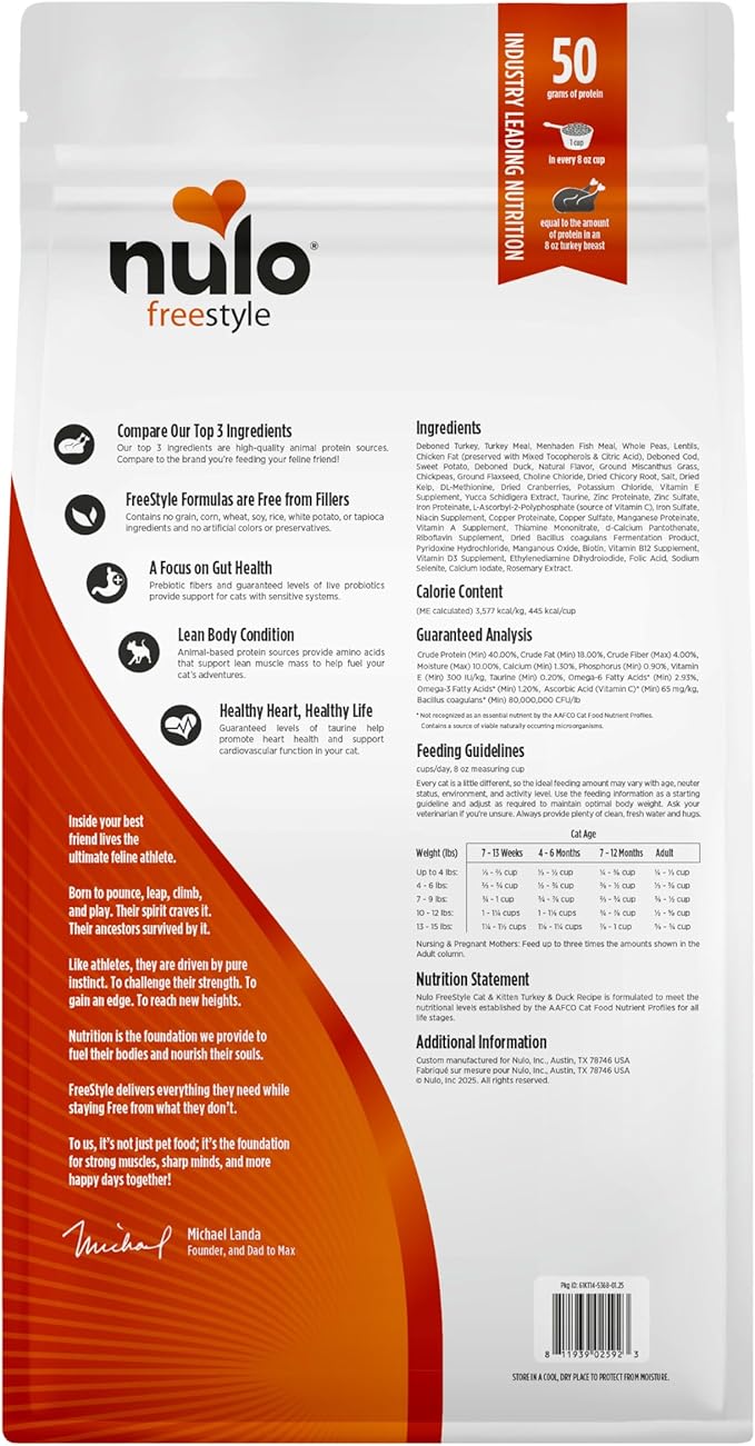 Nulo FreeStyle High Protein Cat & Kitten Food, Turkey & Duck Recipe - Natural Grain-Free Dry Cat Food with Omega Fatty Acids & Probiotics, 14 lb Bag