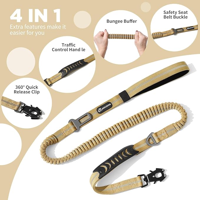 Heavy Duty Tactical Dog Leash, 4-6FT Shock Absorbing Tactical Leash with 2 Padded Handles, Metal Carabiner Clip,Car Seatbelt, Reflective Heavy Duty Leashes for Medium Large Dogs (Brown)