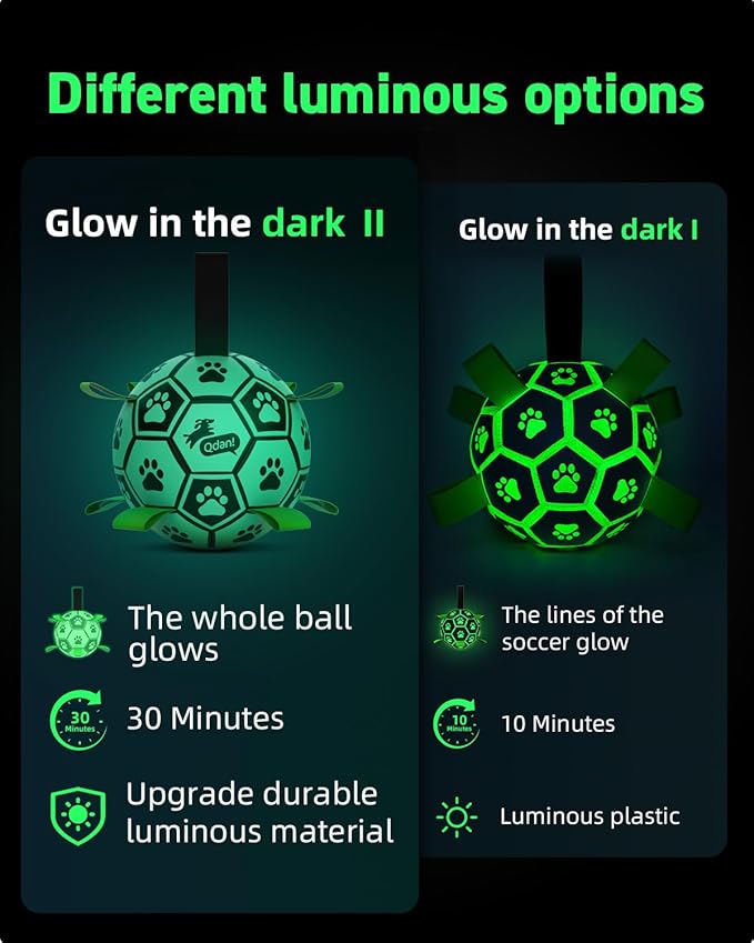 QDAN Dog Ball, Glow in The Dark Dog Toys, Light Up Soccer Ball for Dogs, Outdoor Dog Toys, Doggy Water Toy, Puppy Birthday Gifts for Medium Large (8 Inch)