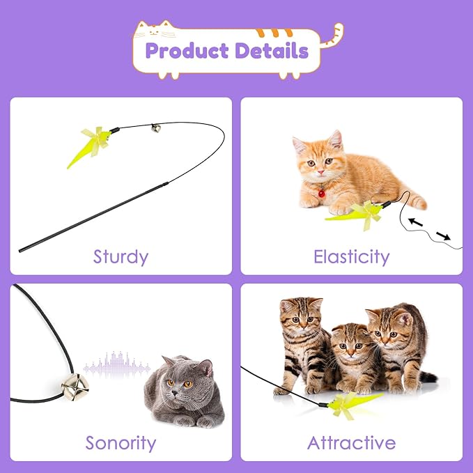 SHENGSEN Feather Wand Cat Toy,Bouncy Ball with Tail Cat Toys,Magic Worm with Large Colorful Ball Toy for Cats,Cat Feather Toys for Indoor Cats,Colorful Fuzzy Worm Bouncy Balls Cat Toy (ADM102-A-4B)