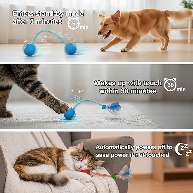 Interactive Cat Toys Ball for Cats - Upgrade Automatic Cat Toys for Indoor Cats, Chirping Cat Toy, 3 Modes 2 Speed Moving Cat Ball with Dragonfly Feathers 2PCS (Red Blue)