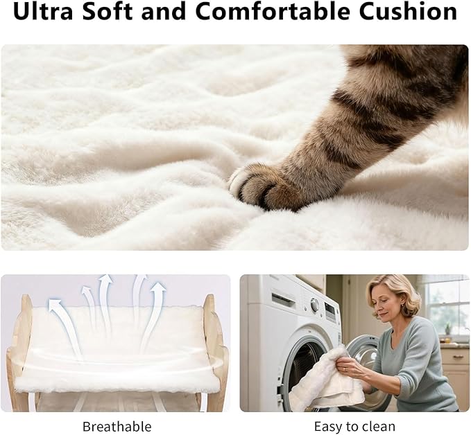 Extra Large Elevated Cat Bed, Solid Rubberwood Cat Hammock Bed with Soft Breathable Cover, Double Pet Beds for Multi-Cats Households Small Dog Rabbit