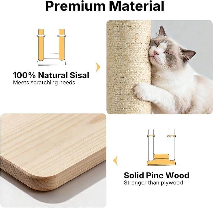 Veehoo Wall Mounted Cat Scratcher, 57" Tall Cat Wall Scratcher with Dual Sisal Scratching Posts and Large Carpeted Perch, Corner Climbing Pole for Indoor Cats