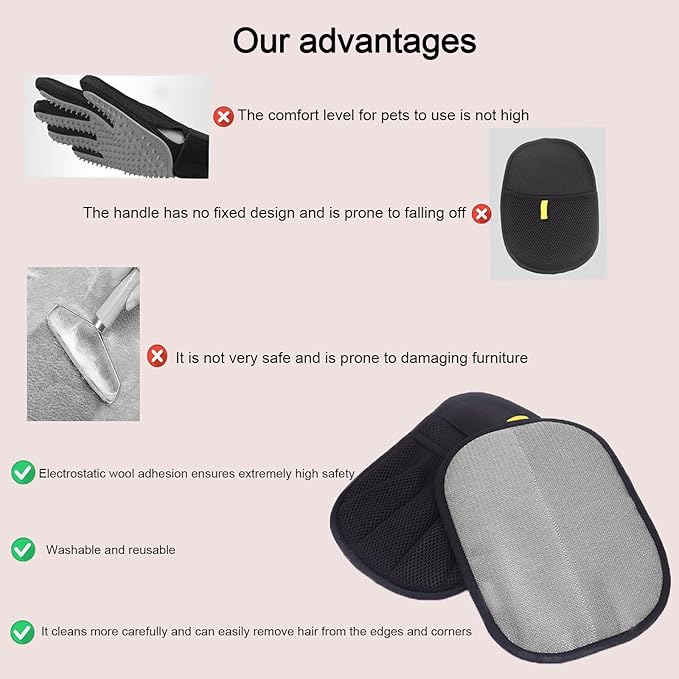 Pet Hair Grooming Gloves, Electrostatic Removal Hair Glove Easy Cleaning Shedding Brushes, Suitable for Clothes, Car