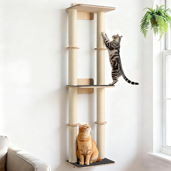 Veehoo Wall Mounted Cat Scratcher, 57" Tall Cat Wall Scratcher with Dual Sisal Scratching Posts and Large Carpeted Perch, Corner Climbing Pole for Indoor Cats