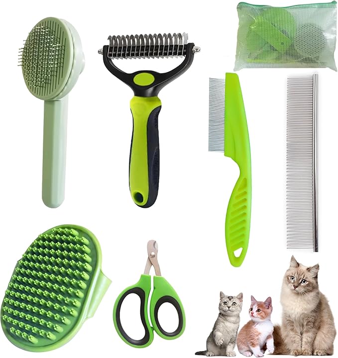 Cat Grooming Brush Kit 6 Tools - Deshedding & Dematting for Long/Short Hair, Self-Cleaning Slicker Brush with 6-in-1 Flea Comb for Cats & Kittens (Green)