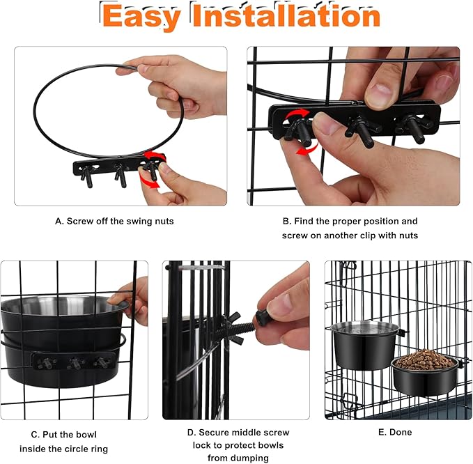 Kennel Water Bowl Hanging, 2 Pack Stainless Steel Dog Bowls for Crate No Spill, Large Pet Cage Bowls for Medium/Large Dog Cat Rabbit Ferret Guinea Pig