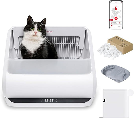 Popur X5 Cat Robot Kitty Litter Box Automatic Self Cleaning for Multiple Large Cats - Core Bundle Best Value Includes Smart Sifting Litter Pan, Odor Control Plastic Waste Bin, Extra Liner & Trash Bags