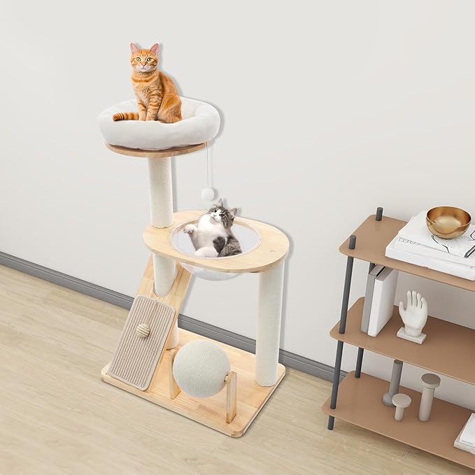 Wood Cat Tree Tower with Scratching Posts, Modern Natural Wood Cute Multifunctional Cat Tree Tower, Cat Scratcher & Resting Platform, Multifunctional Cat Tree for Indoor Cats (02 Style)