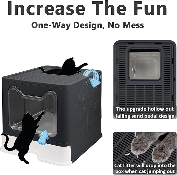Foldable Cat Litter Box with Lid, Enclosed Potty, Large Top Entry Anti-Splashing Toilet, Easy to Clean Including Litter Scoop and 2-in-1 Cleaning Brush (Black)