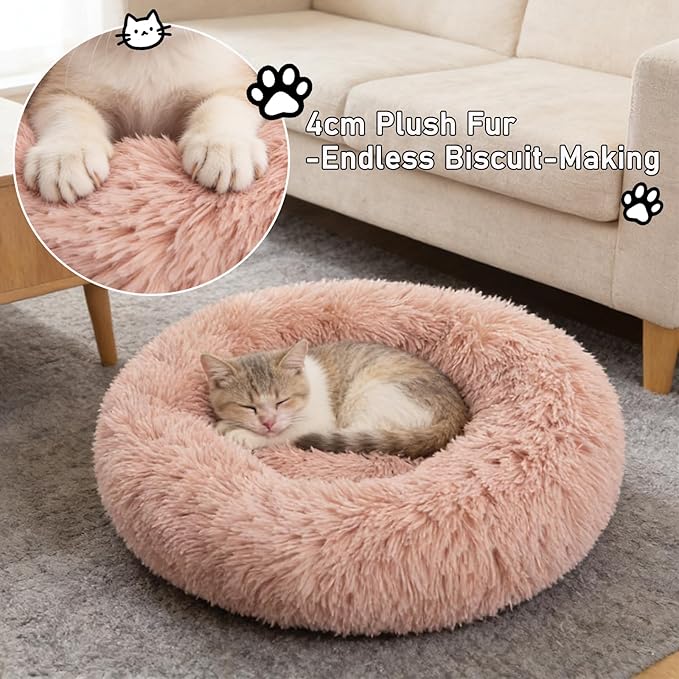 Calming Donut Dog Bed Medium Size Dog - Washable Removable Cover Non-Slip Bottom, Round Pet Bed Cat Bed Warming Fluffy Plush Faux Fur Anti-Anxiety, Fits up to 45 lbs (Blush, 30")