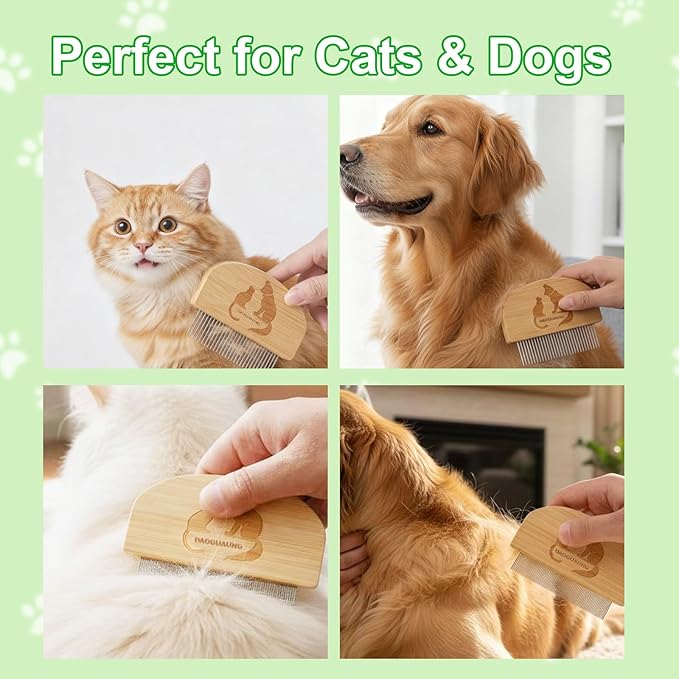 Pet Grooming Combs for Dogs Cats, 2 Pack Bamboo Combs with Wide Fine Teeth for Shedding, Detangling, Flea Removal and Daily Care