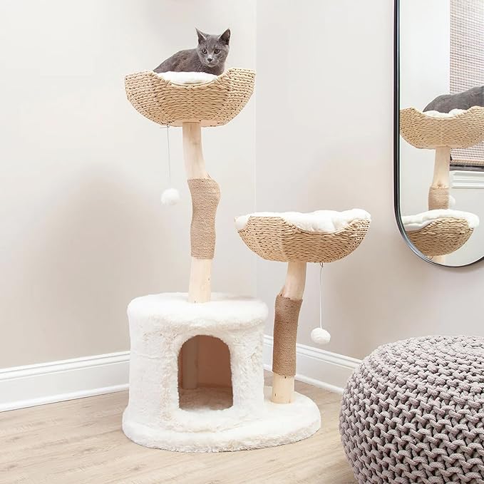 Habitat Haven The Bungalow Cat Tree - Luxury Cat Condo, Large Modern Indoor Tower with 2 Faux Fur Beds, Scratching Posts, Toys, and Den for Cats, 23.5-Inch Width x 18-Inch Depth x 43-Inch Height