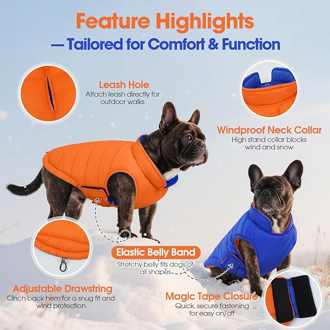 QBLEEV Reversible Dog Coat for Large Dogs, Waterproof Windproof Winter Jacket Keeps Big Breeds Warm & Dry, Adjustable Hook & Loop Puffer Vest, Orange, 3XL – Fits Labrador, Weimaraner, Great Dane
