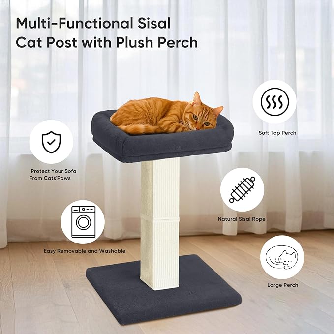 AGYM Cat Scratching Post, 32”Cat Scratcher with Large Plush Perch, Sisal & Carpet Scratching Post, Vertical Posts with Elevated Bed for Indoor Cats, Removable& Washable Cover, Darkgrey