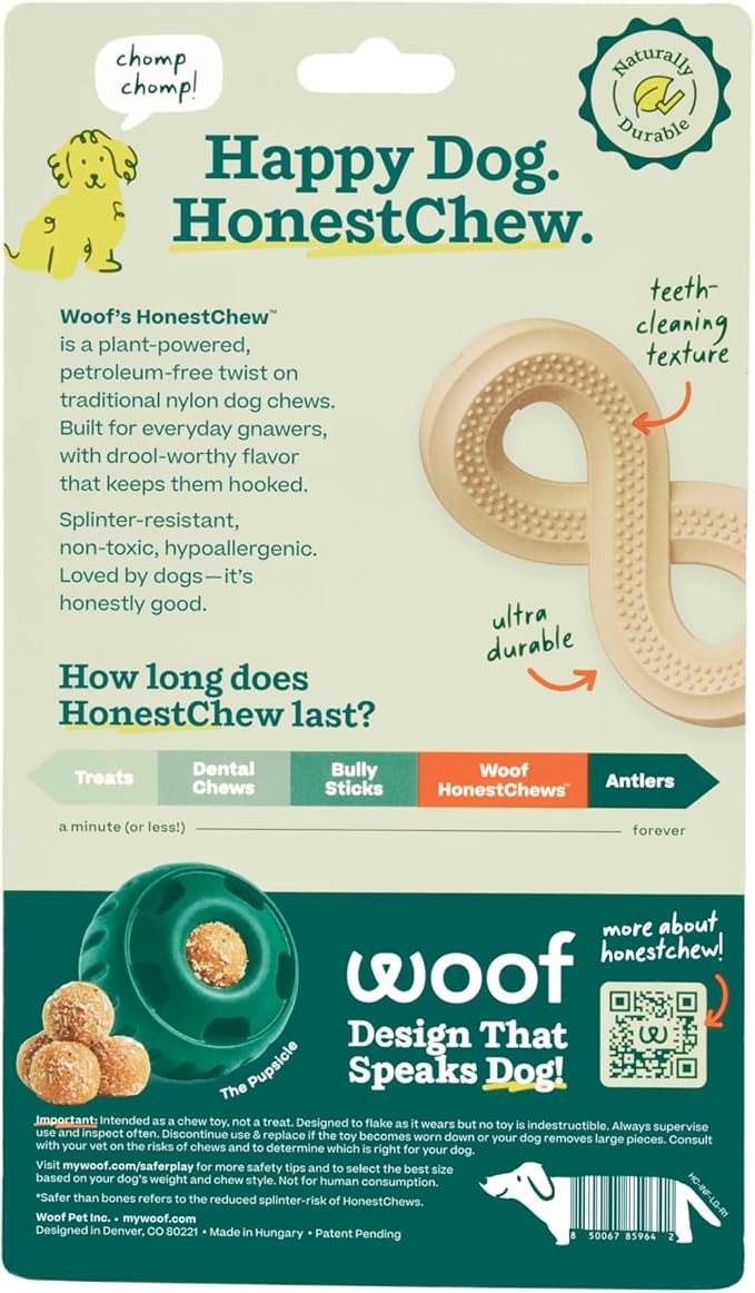 WOOF HonestChew Dog Toy Infinity - Durable Dog Chews - Made with Plant-Based Ingredients - Splinter-Resistant - Great for German Shepherds and Pit Bulls - Large