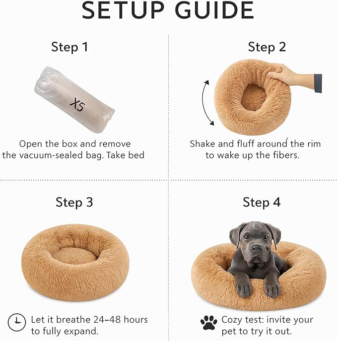 Calming Dog Bed - Fluffy Donut Cuddler for Anxiety Relief, Orthopedic Pet Bed with Non-Slip Bottom, Cozy Round Faux Fur Nest for Dogs and Cats, Plush Crate Mat for Comfort (Camel, Small)