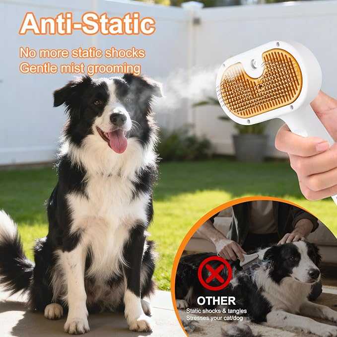 Pet Steam Brush for Dog & Cat – shower bath brush – Steam for Shedding & Grooming Water Brush for Long & Short Haired Pets Spritz Defur Comb 3-in-1 Spray Hair Removal Comb Includes 1*Waterless Shampoo