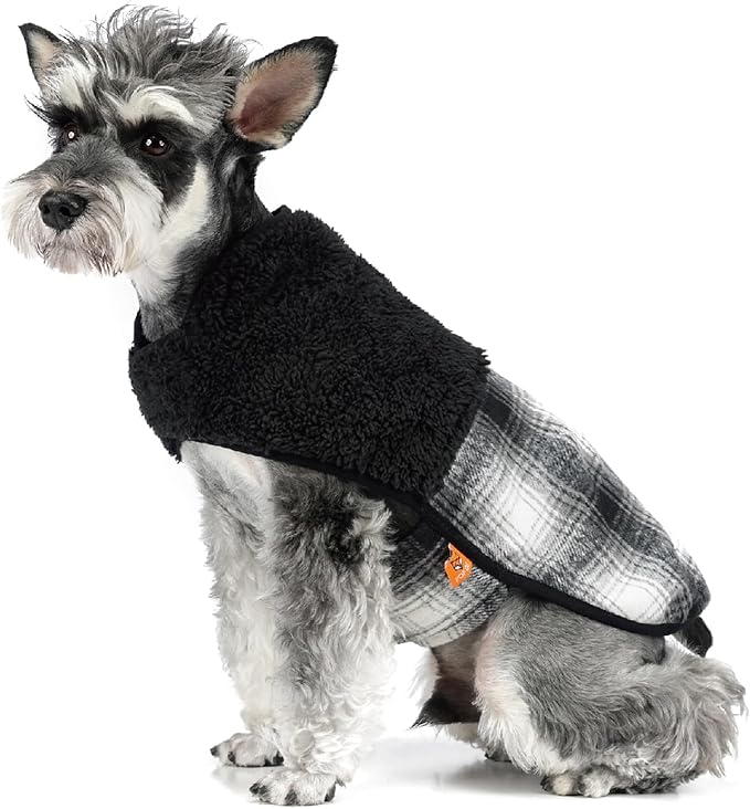 FOFOS Dog Winter Coat, Plush Dog Jacket with Leash Hole, Adjustable Warm Pet Snow Vest for Small Medium Dogs, Black, XL
