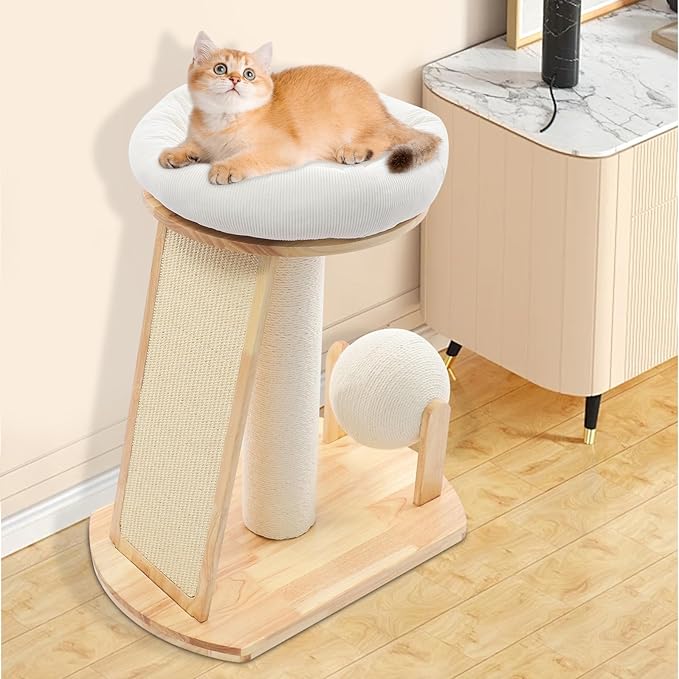 Wood Cat Tree Tower with Scratching Posts, Modern Natural Wood Cute Multifunctional Cat Tree Tower, Cat Scratcher & Resting Platform, Multifunctional Cat Tree for Indoor Cats (01 Style)