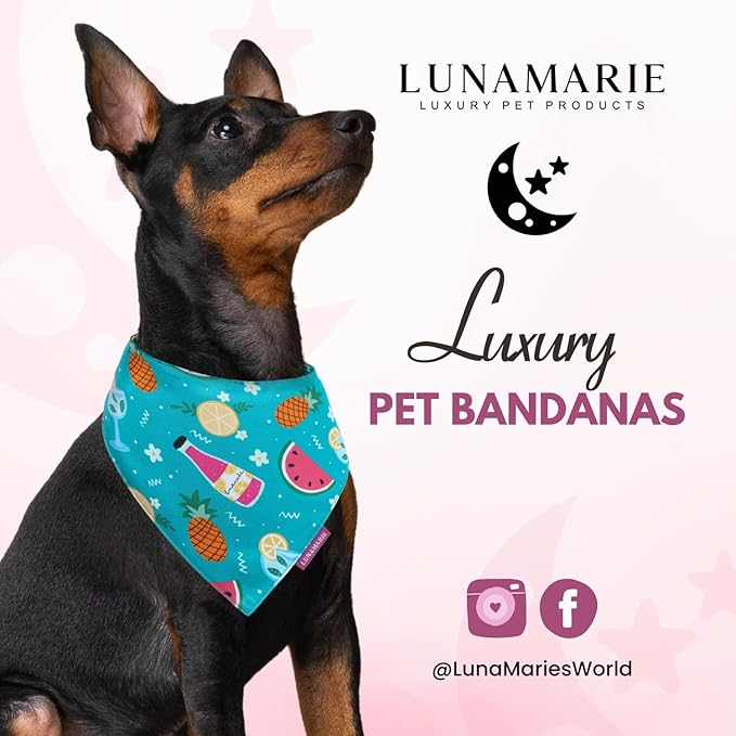 LunaMarie - Luxury Pet Birthday Bandanas -Premium & Silky Poly Fabric | 100% Handmade | Custom Shape Dual Layered (Sippin' Poolside, Medium)