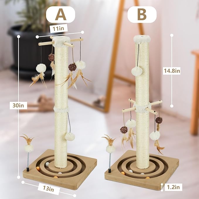 PEEKAB Cat Scratching Post Sisal Scratch Posts for Indoor Cats and Kittens with Tracking Ball Interactive Toys and Hanging Balls 30 Inches Beige