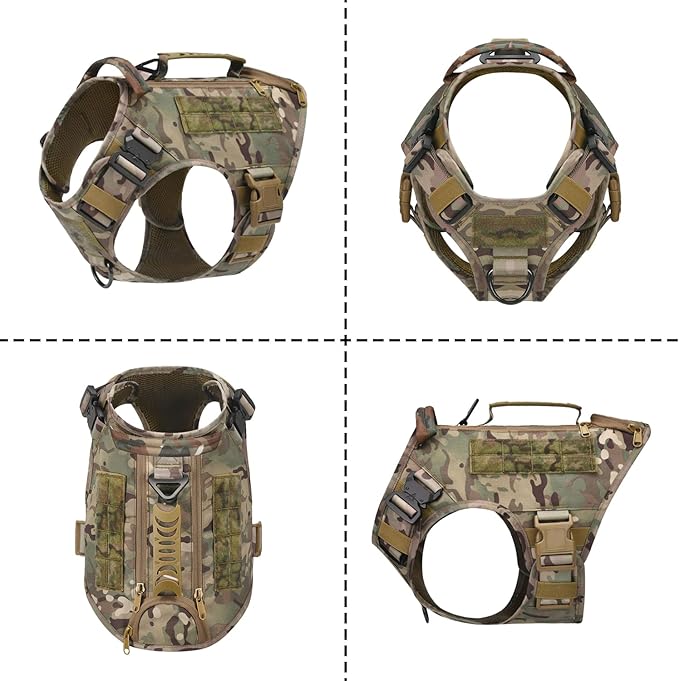 Tactical Dog Backpack Harness for Large Breed Original Design Metal Buckle Vest with Side Bags Pouches for Service Working Training (Camouflage (Vest only), M)