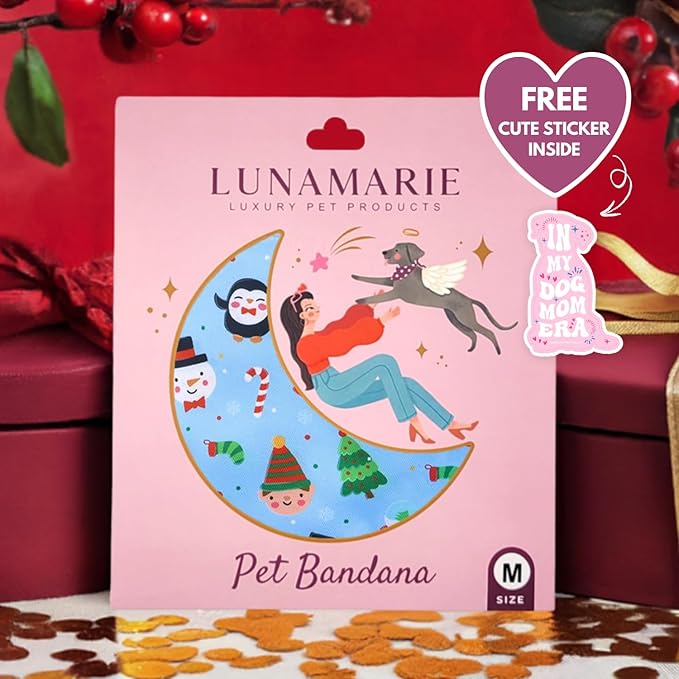 LunaMarie - Luxury Pet Birthday Bandanas -Premium & Silky Poly Fabric | 100% Handmade | Custom Shape Dual Layered (Santa's North Pole, Small)