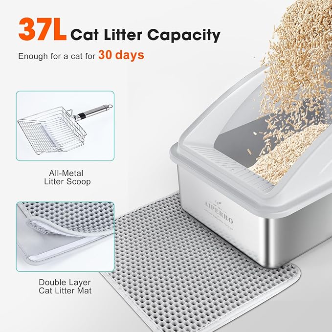 Stainless Steel Litter Box | XL Enclosed Cat Litter Boxes with Lid for Big Cats | High Sided, Anti-Urine Leakage | Non-Stick Bottom & Includes Litter Mat & Metal Scoop