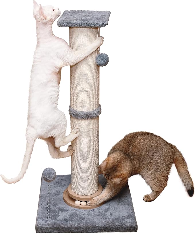 Fantasreen Cat Scratching Post 33 Inches Large and Thick, Cat Scratcher Post Sisal Rope with Hanging Ball, Playground for Indoor Cats and Adult, Grey