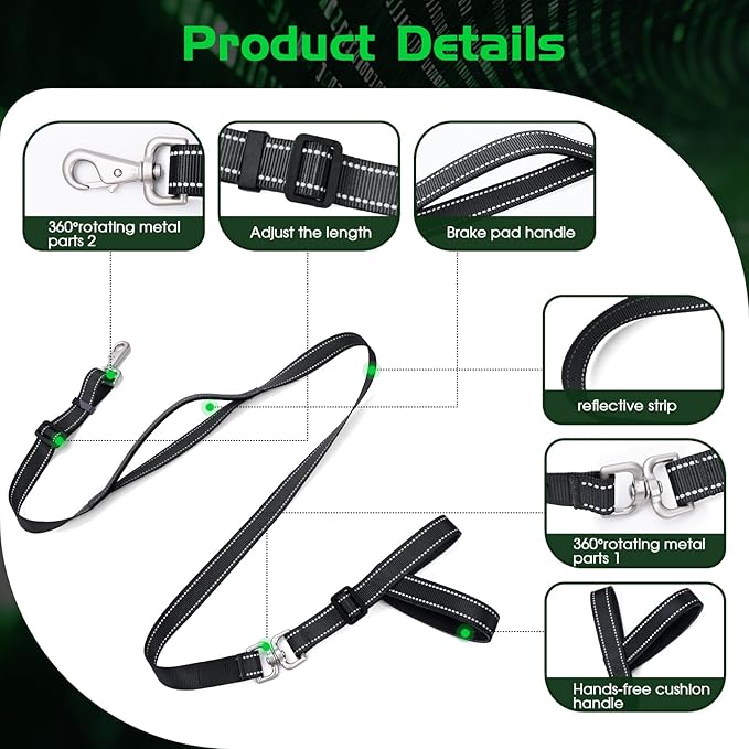 Hands-Free Dog Leash, Heavy Duty No-Pull Training Lead w/Anti-Tangle, Double Padded Traffic Handles Adjustable 4-4.6FT & Reflective Thread for Medium Large Dogs for Running/Walking Black