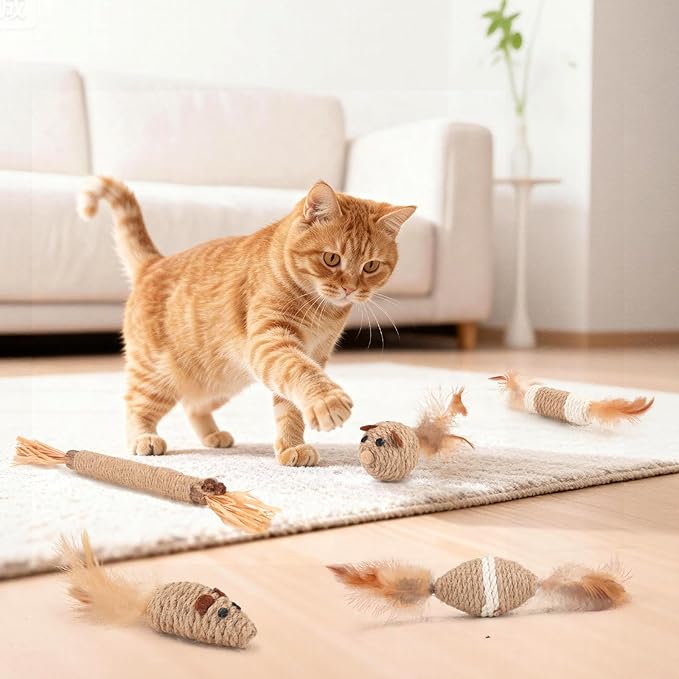 6 Pcs Cat Toy Set - Sisal Rope Mouse Toys with Feather & Rattle + Silvervine Chew Stick, Interactive Hunting & Dental Care Mice Toys for Indoor Kittens & Adult Cats