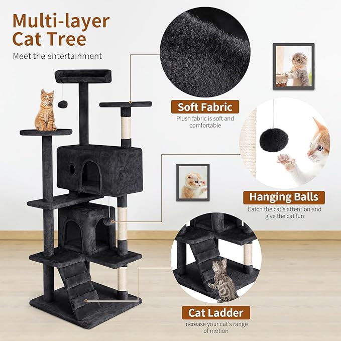 PayLessHere Cat Tree 54in Cat Tower with Cat Scratching Post,Multi-Level Cat Condo Stand House Furniture Kitty Activity Center with Furry Ball Toys Cat Tree for Indoor Cats (54in, Dark Grey)