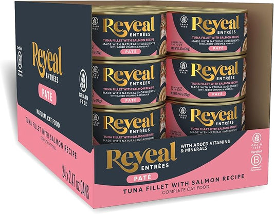 Reveal Entrées Natural Wet Cat Food Paté, Grain-Free with Added Vitamins & Minerals, Carrageenan-Free and High Protein, Tuna Fillet with Salmon Paté Recipe (24 x 2.47 oz Cans)