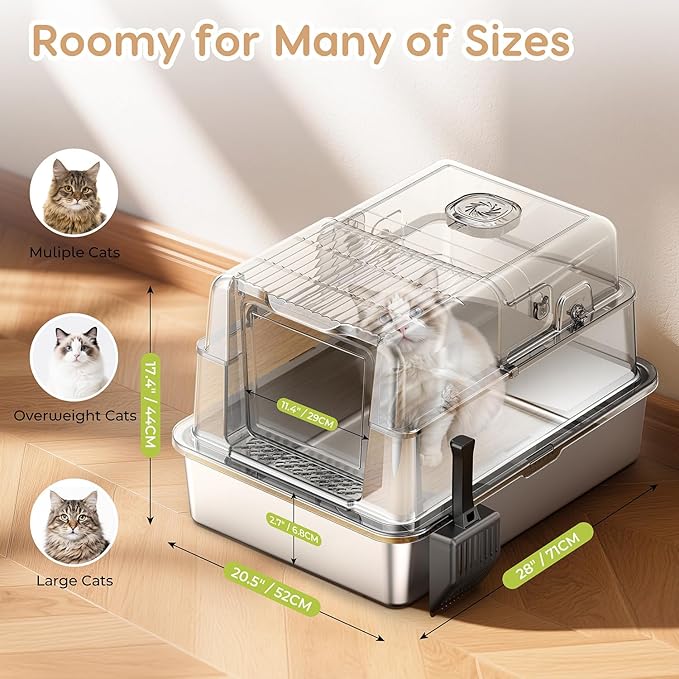 L8 Ultra-XXXL Stainless Steel Litter Box with Smart Odor Control System, 28"L x 20.5"W x 17.4"H Large Cat Litter Box with Lid for Big Cats, High Sided Enclosure with Scoop & Mat, Anti-Leakage-Black