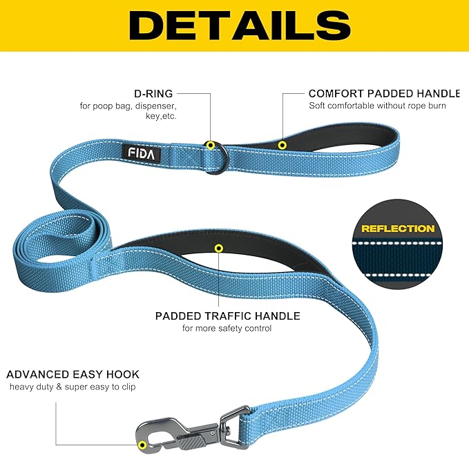 Fida 6 FT Heavy Duty Dog Leash with 2 Comfortable Padded Handles, Traffic Handle & Advanced Easy Snap Hook, Reflective Walking Lead for Large, Medium & Small Breed Dogs, Blue