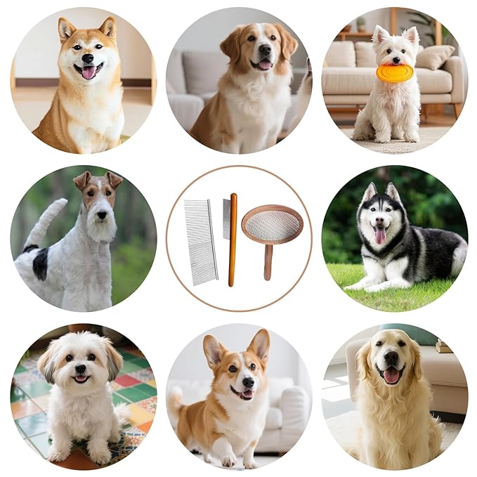 3 Pcs Dog Slicker Brush for Shedding & Long Hair - Detangling Grooming Brush for Doodles, Poodles, Goldendoodles & Cats, Comb Set with Wooden Handle for Mats & Tangles