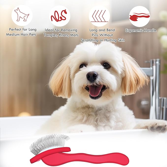 Large Dog Slicker Brush for Shedding & Curly Coat, Long Hair Dogs & Cats, Doodles, Poodles & Goldendoodles, Long Pin Grooming Brush with Wooden Handle, 3 Pcs Comb Set for Mats/Tangles. Red
