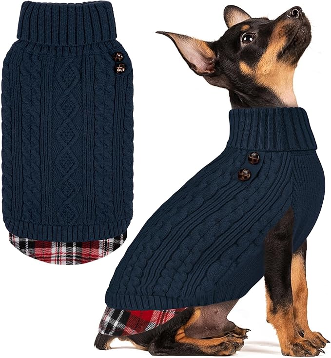 KYEESE Dog Sweater Small Dogs Sweater Stretchy Knitwear Cat Clothes Soft Pullover Warm Turtleneck Dog Sweaters for Small Dogs Male with Gingham Patchwork Thick Pet Coat for Fall Winter Cold Weather
