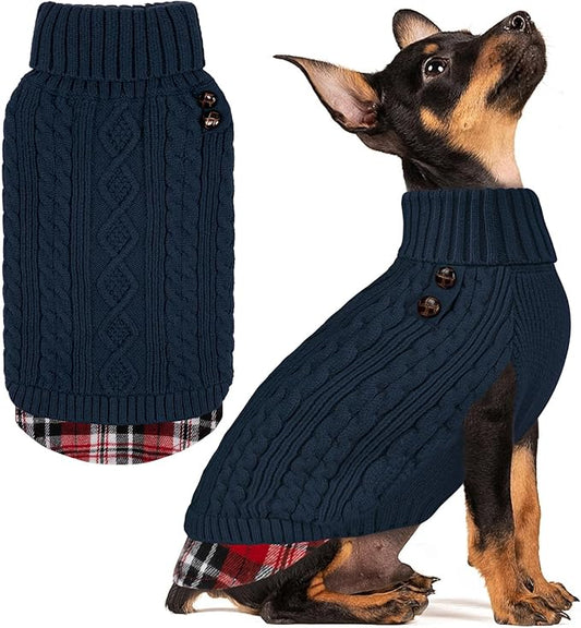 KYEESE Dog Sweater Small Dogs Sweater Stretchy Knitwear Cat Clothes Soft Pullover Warm Turtleneck Dog Sweaters for Small Dogs Male with Gingham Patchwork Thick Pet Coat for Fall Winter Cold Weather