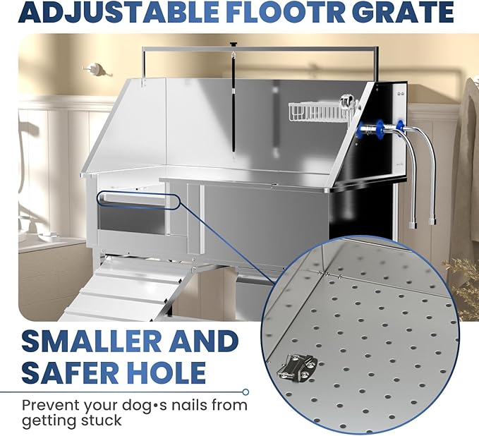 46" Dog Washing Station, Professional Stainless Steel Dog Bathtub w/Ramp & Storage Drawer, Adjustable Grate, Non-Slip Design, Perfect for Home Grooming & Large Dogs (46" Left Ramp)