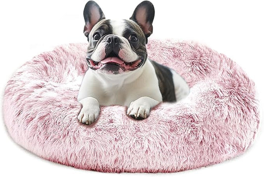 JOLLYVOGUE Calming Dog Bed Medium Size Dog, Anti-Anxiety Donut Medium Pet Bed, 31 inches Fluffy Faux Fur Round Cat Bed, Fits up to 45 lbs Pets (Smoke Pink)
