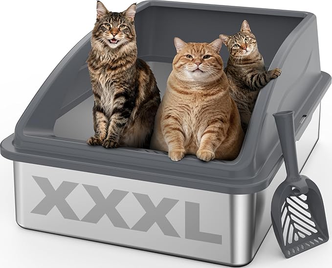 Stainless Steel Litter Box Extra Large for Big Cats and Multi-Cats | Jumbo Extra Large Metal Cat Box with High Sided Lid, Anti-Urine Leakage, Non-Stick,Include Litter Scoop