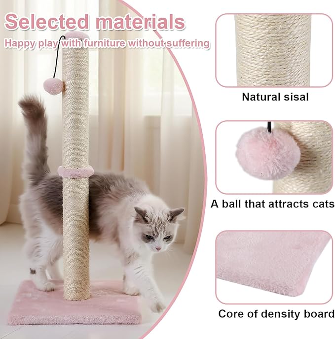 Dimaka Tall Cat Scratching Post, Claw Scratcher with Sisal Rope and Covered with Soft Smooth Plush, Vertical Scratch [Full Strectch] for Standard Size Cats (Pink, 34 inches for Large Cats)