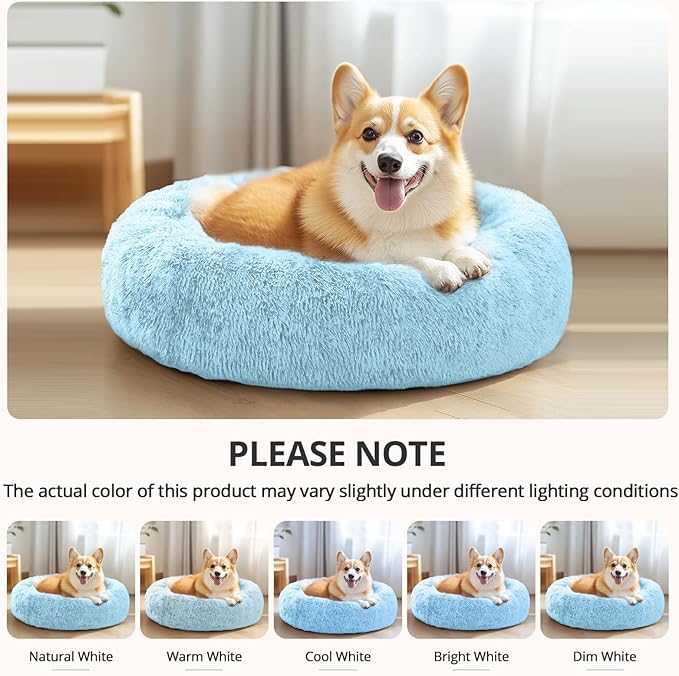 JOLLYVOGUE Calming Dog Bed Medium Size Dog, Anti-Anxiety Donut Medium Pet Bed, 31 inches Fluffy Faux Fur Round Cat Bed, Fits up to 45 lbs Pets (Light Blue)