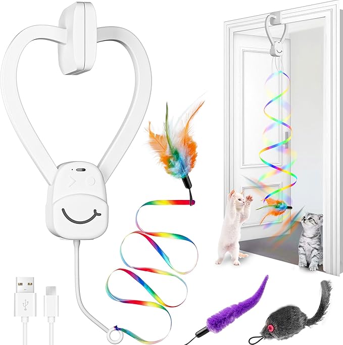 Interactive Cat Toys for Indoor Cats, Automatic Hanging Door Feather Toy Mouse & Ribbon Wand Teaser,USB-Rechargeable Self Play Chase Exercise Feather Toys for Bored Indoor Adult & Kitten Cats